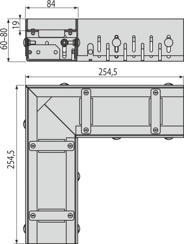 Дренажный угловой желоб 75 мм регулируемый, оцинкованная сталь Дренажный угловой желоб 75 мм регулируемый, оцинкованная сталь