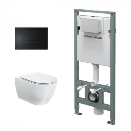 Комплект инсталляции с подвесным унитазом, черной кнопкой смыва и сиденьем