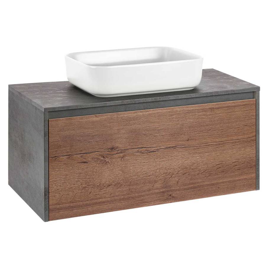 База под накладную раковину Mesa 1000 подвесная, 1 выкатной/1 скрытый ящик soft close, T.Oak + Beton База под накладную раковину Mesa 1000 подвесная, 1 выкатной/1 скрытый ящик soft close, T.Oak + Beton