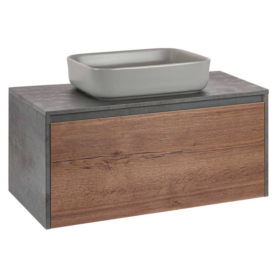 База под накладную раковину Mesa 1000 подвесная, 1 выкатной/1 скрытый ящик soft close, T.Oak + Beton База под накладную раковину Mesa 1000 подвесная, 1 выкатной/1 скрытый ящик soft close, T.Oak + Beton