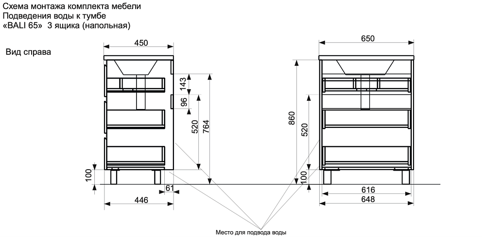 Тумба напольная под умывальник Bali New 650х450 3 ящика (ШхГхВ) 648х446х860 Тумба напольная под умывальник Bali New 650х450 3 ящика (ШхГхВ) 648х446х860