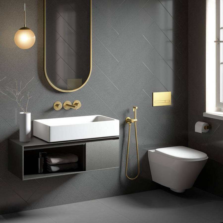 Смеситель для раковины встроенный с термостатом, с гигиеническим душем Timo Saona 2383/17SM золото матовое Смеситель для раковины встроенный с термостатом, с гигиеническим душем Timo Saona 2383/17SM золото матовое