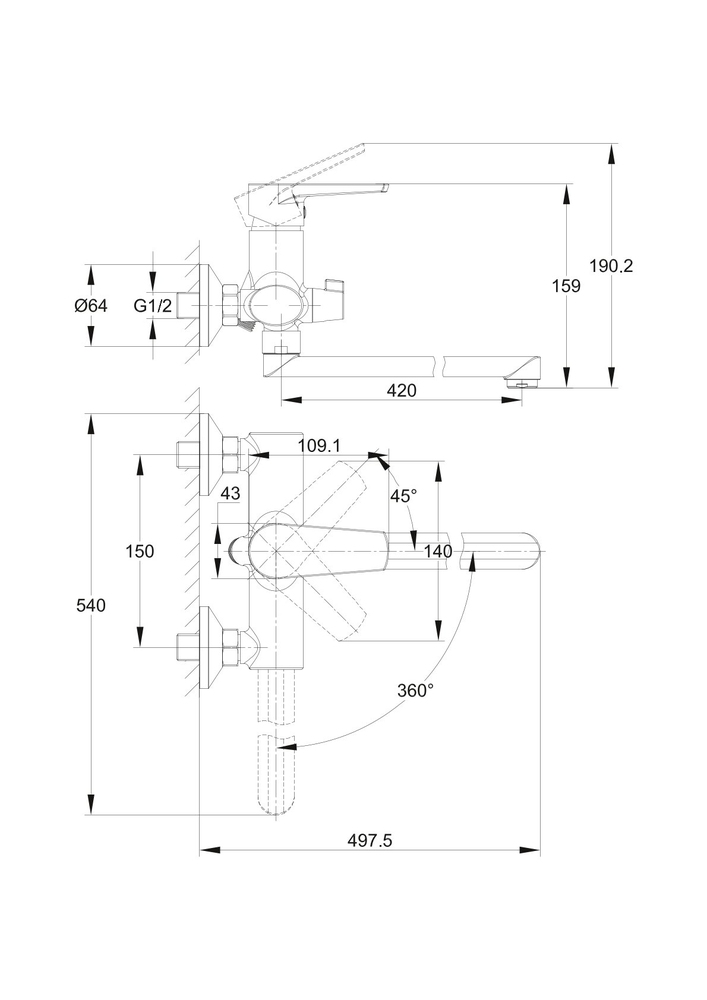 Смеситель для ванны MODUO с длинным изливом Смеситель для ванны MODUO с длинным изливом