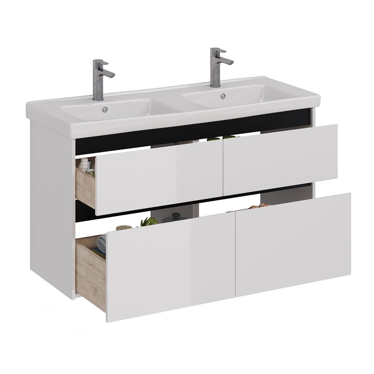 Тумба Lemark COMBI 125см под 2 раковины, подвесная/напольная,4 ящика, цвет планки: Чёрный, цвет корпуса, фасада: Белый глянец Тумба Lemark COMBI 125см под 2 раковины, подвесная/напольная,4 ящика, цвет планки: Чёрный, цвет корпуса, фасада: Белый глянец