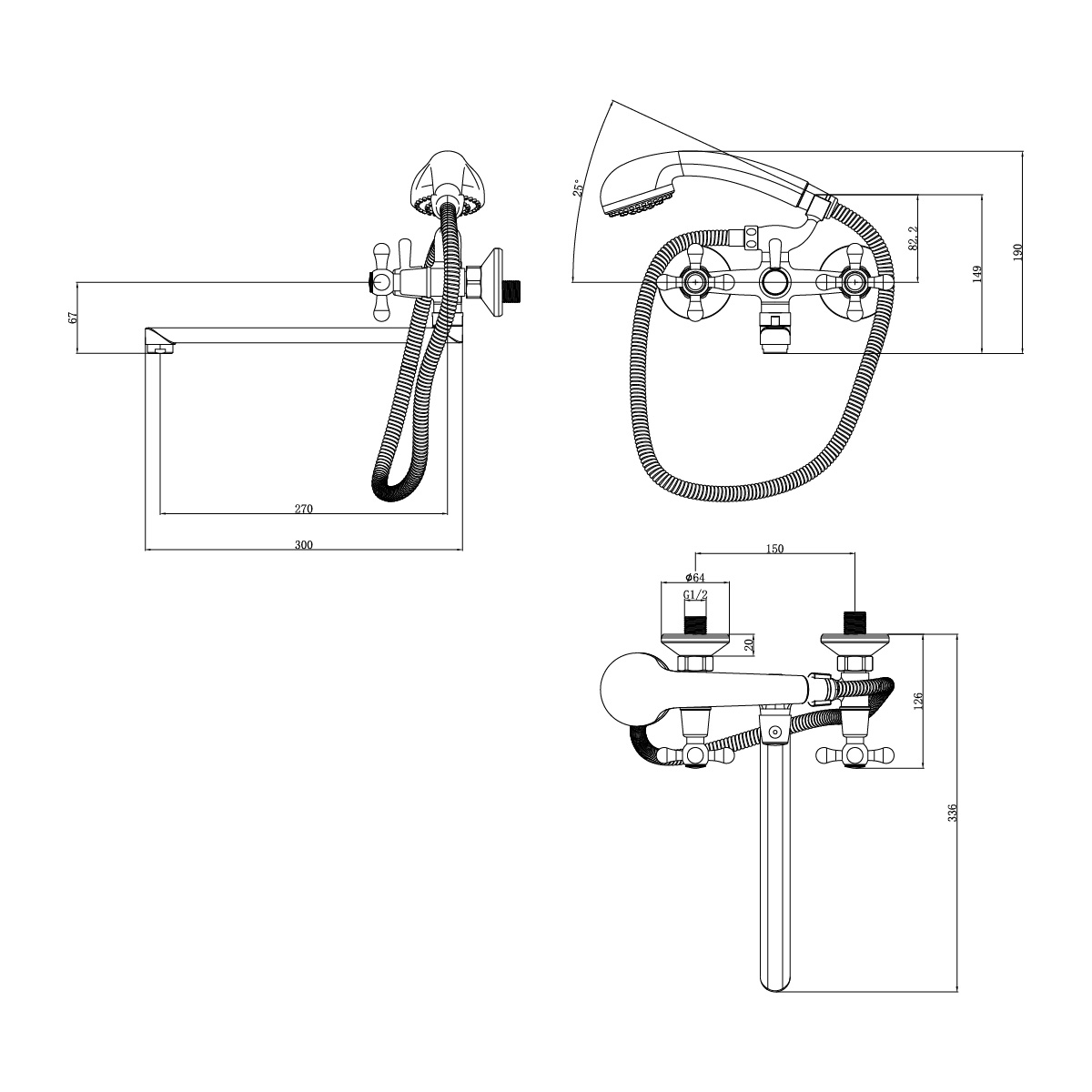 Смеситель универсальный с плоским изливом 30 см, двуручковый, поворотный переключатель, латунь/хром Смеситель универсальный с плоским изливом 30 см, двуручковый, поворотный переключатель, латунь/хром