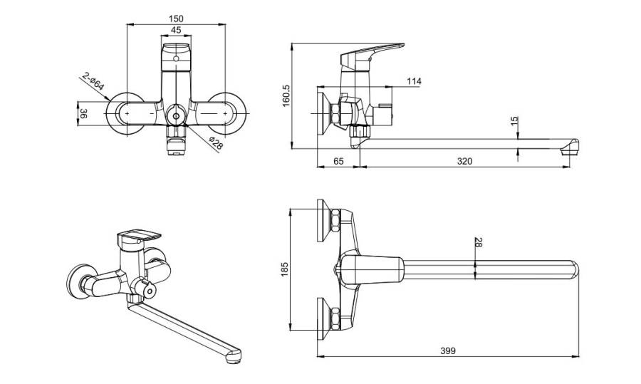 Смеситель для ванны с длинным изливом AQUATEK, матовый черный AQ1042MB ВЕГА  Смеситель для ванны с длинным изливом AQUATEK, матовый черный AQ1042MB ВЕГА