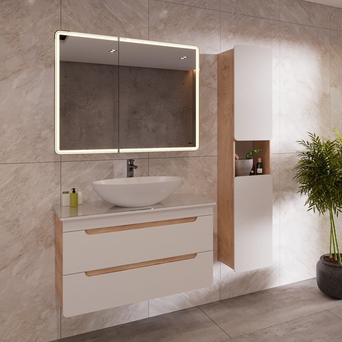 Тумба Lemark OLIVIA 100см под 1 раковину, подвесная, 2 ящика, цвет корпуса: Дуб кантри, цвет фасада: Белый глянец Тумба Lemark OLIVIA 100см под 1 раковину, подвесная, 2 ящика, цвет корпуса: Дуб кантри, цвет фасада: Белый глянец