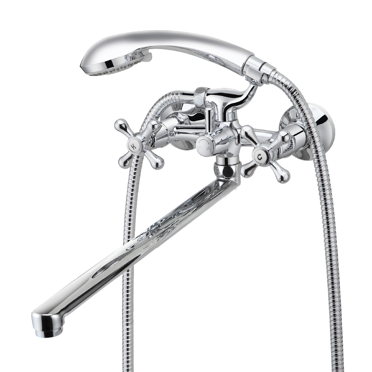 Смеситель универсальный с плоским изливом 30 см, двуручковый, поворотный переключатель, латунь/хром Смеситель универсальный с плоским изливом 30 см, двуручковый, поворотный переключатель, латунь/хром