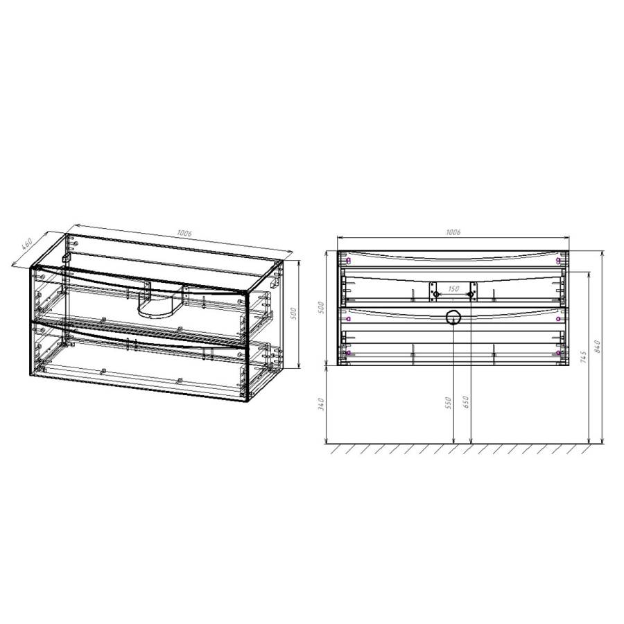База под керамическую раковину Mia 1000 подвесная, 2 выкатных ящика soft close, G.White База под керамическую раковину Mia 1000 подвесная, 2 выкатных ящика soft close, G.White