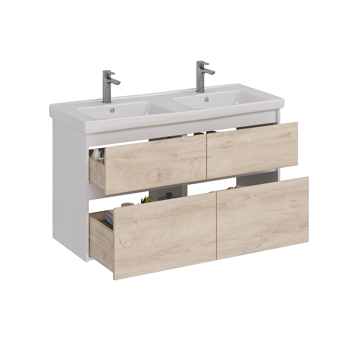 Тумба Lemark COMBI 125см под 2 раковины, подвесная/напольная,4 ящика, цвет фасада: Дуб кантри, цвет корпуса: Белый глянец Тумба Lemark COMBI 125см под 2 раковины, подвесная/напольная,4 ящика, цвет фасада: Дуб кантри, цвет корпуса: Белый глянец