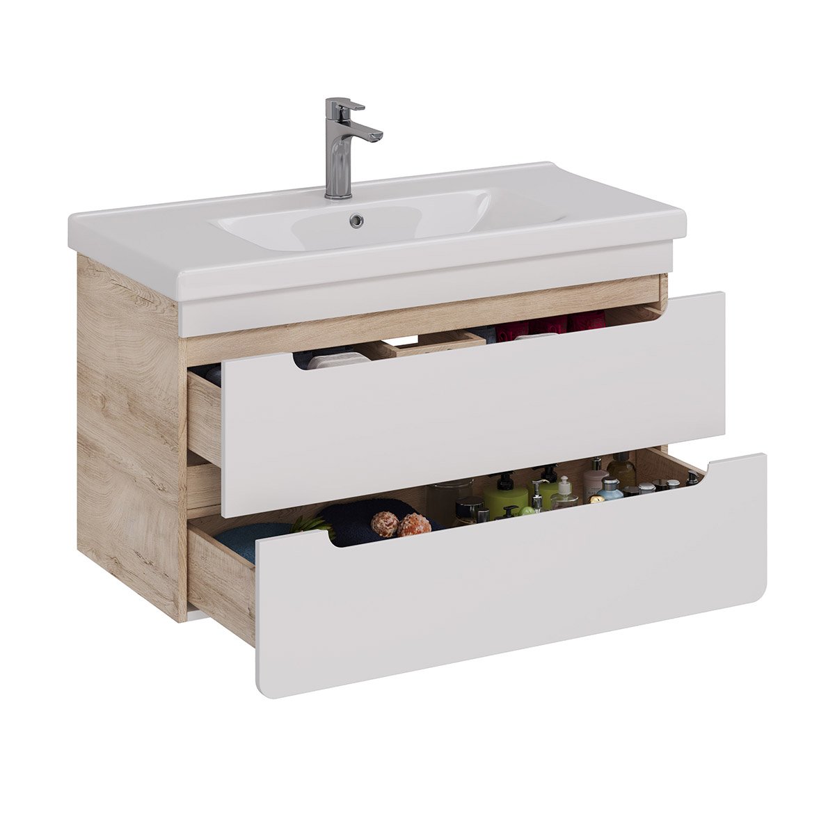 Тумба Lemark OLIVIA 100см под 1 раковину, подвесная, 2 ящика, цвет корпуса: Дуб кантри, цвет фасада: Белый глянец Тумба Lemark OLIVIA 100см под 1 раковину, подвесная, 2 ящика, цвет корпуса: Дуб кантри, цвет фасада: Белый глянец