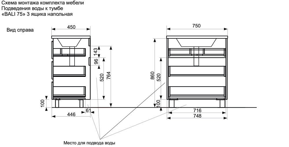 Тумба напольная под умывальник Bali New 750х450 3 ящика (ШхГхВ) 748х446х860 Тумба напольная под умывальник Bali New 750х450 3 ящика (ШхГхВ) 748х446х860