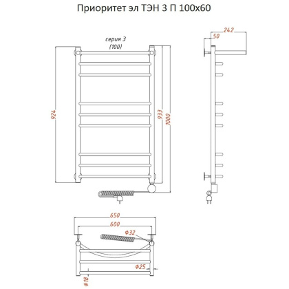 Полотенцесушитель Приоритет эл ТЭН 3 П 100*60 (ЛЦ2)