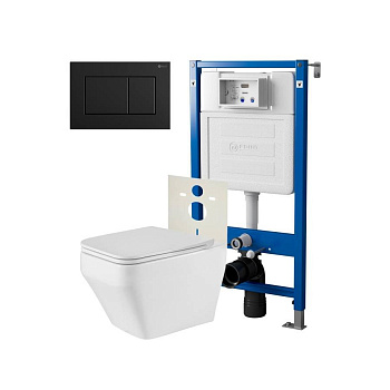 Сет: Система инсталляции Point Элемент для подвесного унитаза PN45120 + Клавиша смыва для инсталляции Point Ника, черная матовая, PN44081BM + Унитаз подвесной Point Аврора PN41101 безободковый, белый, сиденье дюропласт, микролифт, быстросъемное