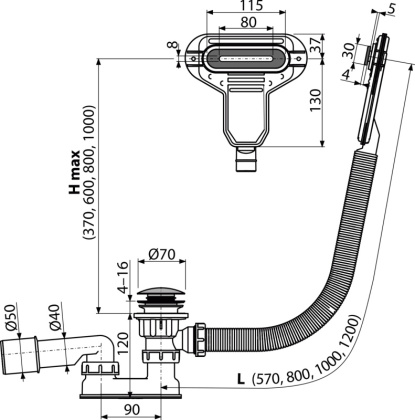 Сифон для ванны CLICK/CLACK с плоским переливом, хром