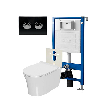 Сет: Система инсталляции пневматическая Point Элемент П для подвесного унитаза PN45121 + Клавиша смыва для пневматической инсталляции Point Венера, установка в стену, черный/хром, PN44071BC + Унитаз подвесной Point Вега безободковый, сиденье микролифт PN4