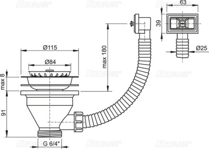Донный клапан сифона для мойки 6/4" с нержавеющей решеткой DN115 и гофропереливом Донный клапан сифона для мойки 6/4" с нержавеющей решеткой DN115 и гофропереливом