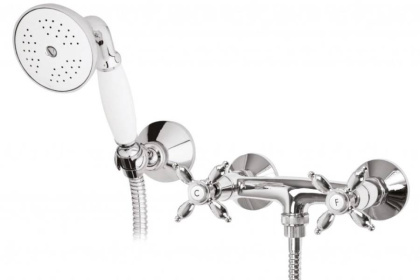 NOSTALGIA-D-01-Bi Смеситель для душа с ручным душем, шлангом и держателем Исполнение: Хром Ручка ручного душа:Белая 