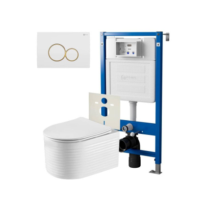 Сет: Система инсталляции Point Элемент для подвесного унитаза PN45120 + Клавиша смыва для инсталляции Point Виктория, белая/золото, PN44061WG + Унитаз подвесной Point Омега безободковый, белый, сиденье дюропласт, микролифт быстросъемное PN41902