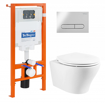 Унитаз подвесной с сиденьем BelBagno ACQUA + Система инсталляции для унитазов с кнопкой смыва BB005-PR-CH Исполнение: Хром  Унитаз подвесной с сиденьем BelBagno ACQUA + Система инсталляции для унитазов с кнопкой смыва BB005-PR-CH Исполнение: Хром