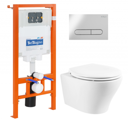 Унитаз подвесной с сиденьем BelBagno ACQUA + Система инсталляции для унитазов с кнопкой смыва BB005-PR-CH Исполнение: Хром  Унитаз подвесной с сиденьем BelBagno ACQUA + Система инсталляции для унитазов с кнопкой смыва BB005-PR-CH Исполнение: Хром