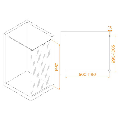 Душевая перегородка 100*195 RGW WA-010 B Чёрный/Тонированное(серое)/8 мм