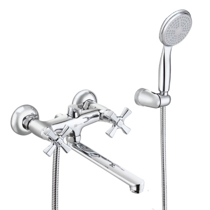 Смеситель для ванны с плоским изливом 20 см, двуручковый, поворотный переключатель, латунь/хром Смеситель для ванны с плоским изливом 20 см, двуручковый, поворотный переключатель, латунь/хром