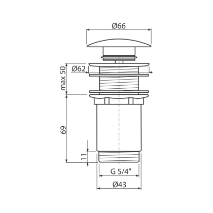Донный клапан сифона для умывальника CLICK/CLACK 5/4", цельнометаллический с большой белой заглушкой, без перелива, для пластиковых и стеклянных умывальников