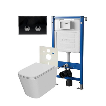 Сет: Система инсталляции пневматическая Point Элемент П для подвесного унитаза PN45121 + Клавиша смыва для пневматической инсталляции Point Венера, черный/хром, PN44071BC + Унитаз подвесной Point Ника безободковый, сиденье микролифт PN41081