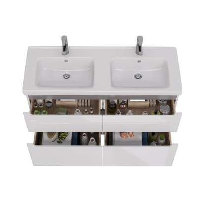 Тумба Lemark BUNO 125см под 2 раковины, подвесная/напольная,4 ящика, цвет корпуса, фасада: Белый глянец