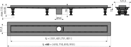 Водоотводящий желоб с порогами для перфорированной решетки или решетки под кладку плитки, без гидрозатвора Водоотводящий желоб с порогами для перфорированной решетки или решетки под кладку плитки, без гидрозатвора
