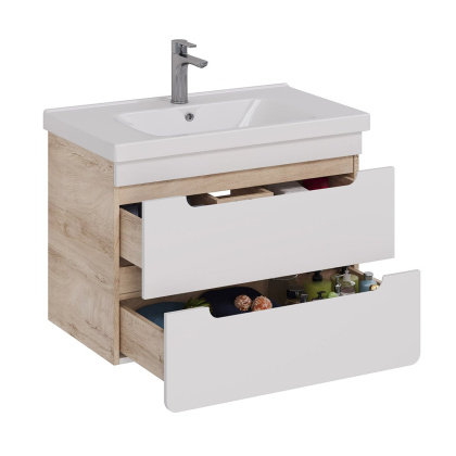 Тумба Lemark OLIVIA 80см под 1 раковину, подвесная, 2 ящика, цвет корпуса: Дуб кантри, цвет фасада: Белый глянец Тумба Lemark OLIVIA 80см под 1 раковину, подвесная, 2 ящика, цвет корпуса: Дуб кантри, цвет фасада: Белый глянец