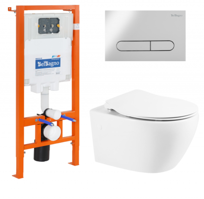 Унитаз подвесной с сиденьем BelBagno PROSPERO + Система инсталляции для унитазов с кнопкой смыва BB005-PR-CH Исполнение: Хром  Унитаз подвесной с сиденьем BelBagno PROSPERO + Система инсталляции для унитазов с кнопкой смыва BB005-PR-CH Исполнение: Хром