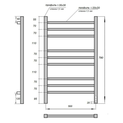 Полотенцесушитель электрический Point Вега PN71858 П9 500x800, диммер справа, хром Полотенцесушитель электрический Point Вега PN71858 П9 500x800, диммер справа, хром