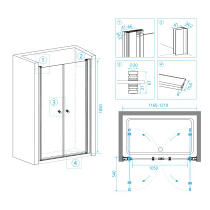 Душевая дверь RGW PA-04, 04080420-11, 120 х 185 см распашная двустворчатая, стекло прозрачное, хром