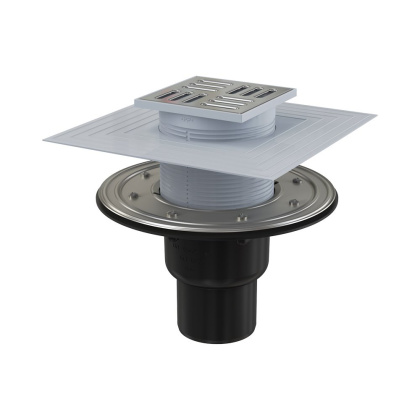 Сливной трап 105×105/50/75 мм прямой сток, решетка из нержавеющей стали, фланец из нержавеющей стали, воротник изоляции 2–го уровня, гидрозатвор сухой и мокрый