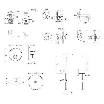 Набор встроенной душевой системы Origin на 3 направления, медь (верхняя лейка, излив, ручной душ, смеситель встроенный внешняя и внутренняя часть)
