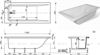 Ванна прямоугольная "Дельта" Размер: 1900х900мм                                                
