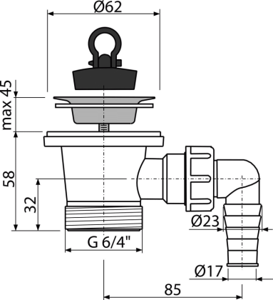 Донный клапан сифона для умывальника 6/4" с нержавеющей peшeткой DN63 и штуцером Донный клапан сифона для умывальника 6/4" с нержавеющей peшeткой DN63 и штуцером
