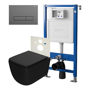 Сет: Система инсталляции Point Элемент для подвесного унитаза PN45120 + Клавиша смыва для инсталляции Point Меркурий, цвет графит, PN44831GM + Унитаз подвесной Point Меркурий безободковый сид.дюропласт микролифт быстросъем чёрн мат. PN41831BM