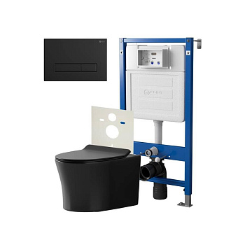 Сет: Система инсталляции Point Элемент для подвесного унитаза PN45120 + Клавиша смыва для инсталляции Point Меркурий, черная матовая, PN44831BM + Унитаз подвесной Point Вега безободковый, чёрн мат, PN41711BM