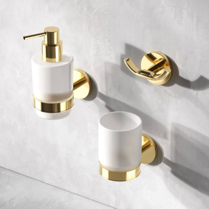 Стеклянный стакан с настенным держателем, 9х6,8х10,5 см, цвет белый с золотом, A85A34399