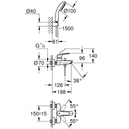 Смеситель для ванны с душевым гарнитуром Grohe Eurosmart 2021 (33302003) Смеситель для ванны с душевым гарнитуром Grohe Eurosmart 2021 (33302003)