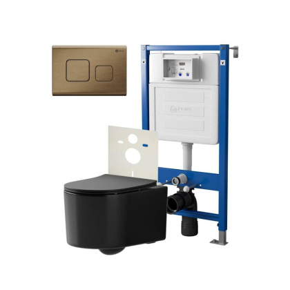 Сет: Система инсталляции Point Элемент для подвесного унитаза PN45120 + Клавиша смыва для инсталляции Point Афина, бронза брашированная, PN44041BB + Унитаз подвесной Point Веста безободковый, чёрн мат, PN41701BM