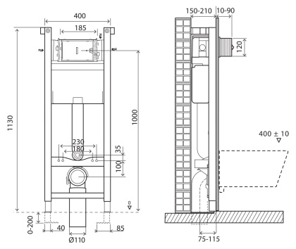 Инсталляция BelBagno EXPERT 40 для подвесного унитаза, 1130х400х150 мм, со смывным бачком скрытого монтажа, фронтальное/горизонтальное управление, крепление к стене в комплекте