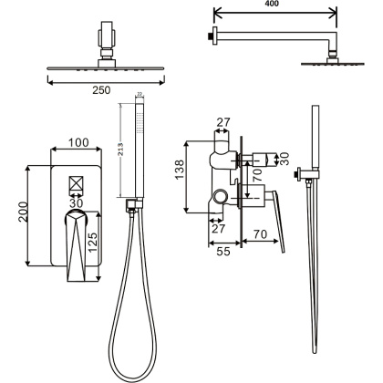 Смеситель встроенный + верхний душ + ручной душ Shine Gun Metall