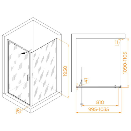 Душевой уголок 100*110*195 RGW SV-145 (SV-05 + Z-050-2) Прямоуг./Хром/Прозрачное/8 мм (Easy)