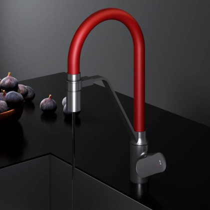 F8007828 Like, смеситель для кухни с каналом для питьевой воды и гибким изливом, черн., красный изли