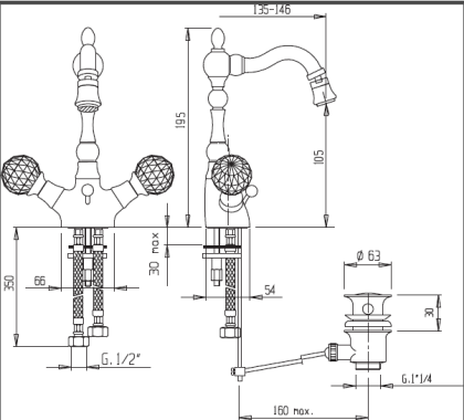 ATLANTIS-BS2-02-Sw Смеситель на биде с донным клапаном, исполнение бронза, ручки Swarovski