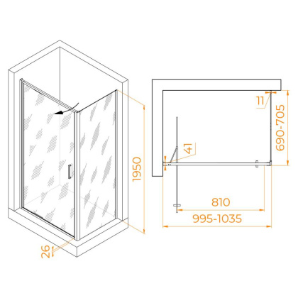 Душевой уголок 100* 70*195 RGW SV-145B (SV-05B + Z-050-2B) Прямоуг./Чёрный/Прозрачное/8 мм (Easy)
